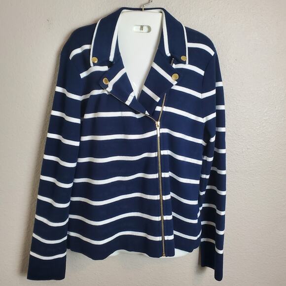 Chaps Navy Striped Zip Jacket Gold Button Nautical Blazer Style Women L Preppy - Picture 2 of 8